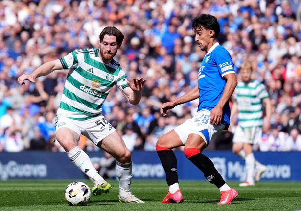 Anthony Ralston up against Bojan Miovski during Celtic's clash with Rangers at Ibrox