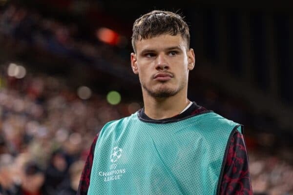 LIVERPOOL, ENGLAND - Wednesday, September 17, 2025: Liverpool's Milos Kerkez during the UEFA Champions League match between Liverpool FC and Atletico Madrid FC at Anfield. Liverpool won 3-2. (Photo by David Rawcliffe/Propaganda)