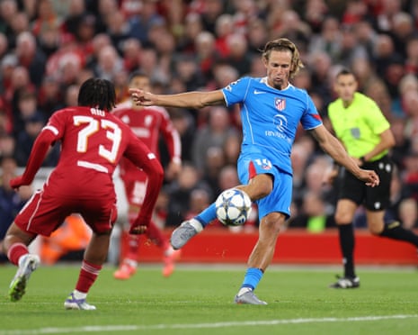 Marcos Llorente scores his, and Atlético’s second goal of the game to level things at Anfield.