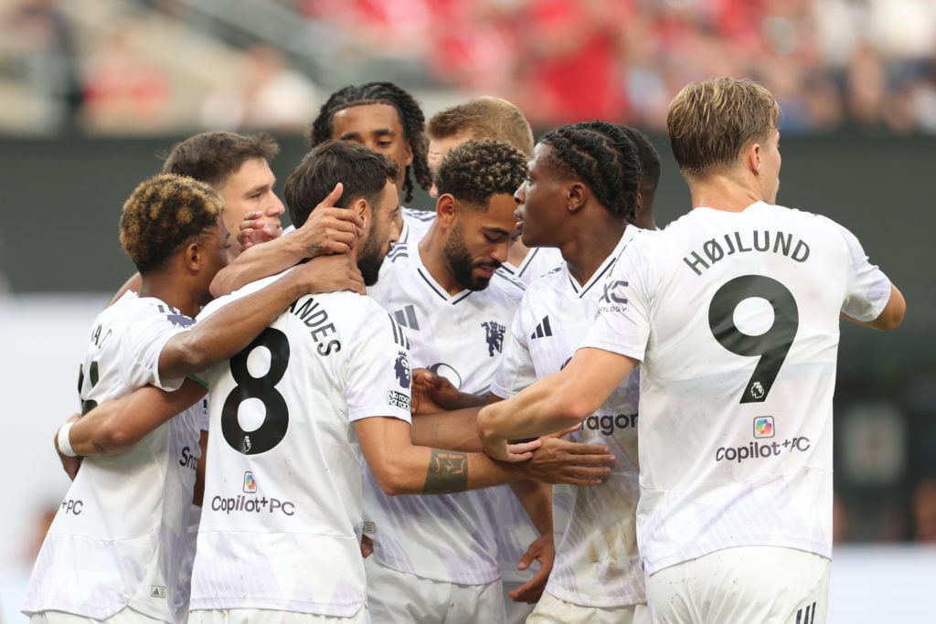 Manchester United captain Bruno Fernandes celebrates with his teammates after scoring a penalty during the Premier League Summer Series match between Manchester United and West Ham United at the MetLife Stadium in 2025 in East Rutherford, New Jersey.