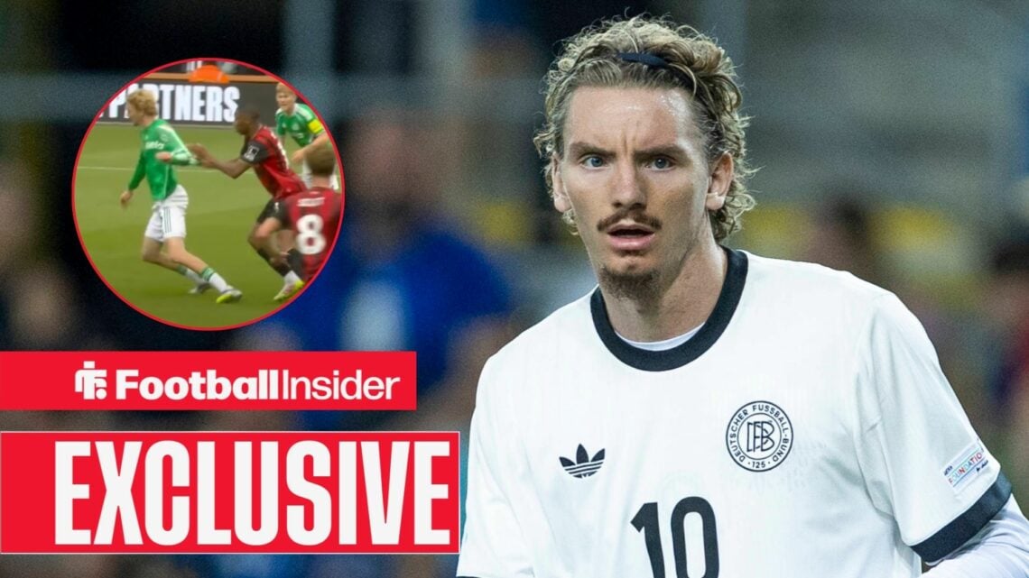 Nick Woltemade in a Germany shirt, Newcastle United star being tugged at by Bafode Diakite in a circular inset