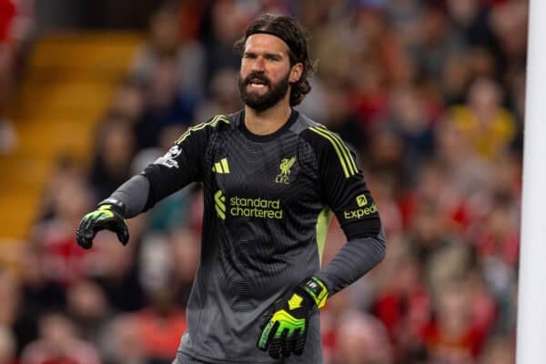 LIVERPOOL, ENGLAND - Wednesday, September 17, 2025: Liverpool's goalkeeper Alisson Becker during the UEFA Champions League match between Liverpool FC and Atletico Madrid FC at Anfield. (Photo by David Rawcliffe/Propaganda)