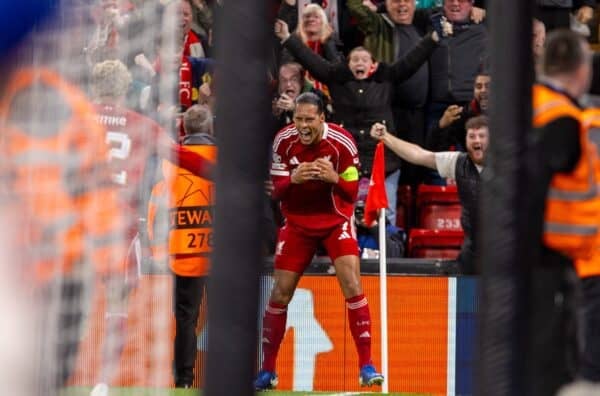 LIVERPOOL, ENGLAND - Wednesday, September 17, 2025: Liverpool's captain Virgil van Dijk celebrates after scoring the third goal during the UEFA Champions League match between Liverpool FC and Atletico Madrid FC at Anfield. (Photo by David Rawcliffe/Propaganda)