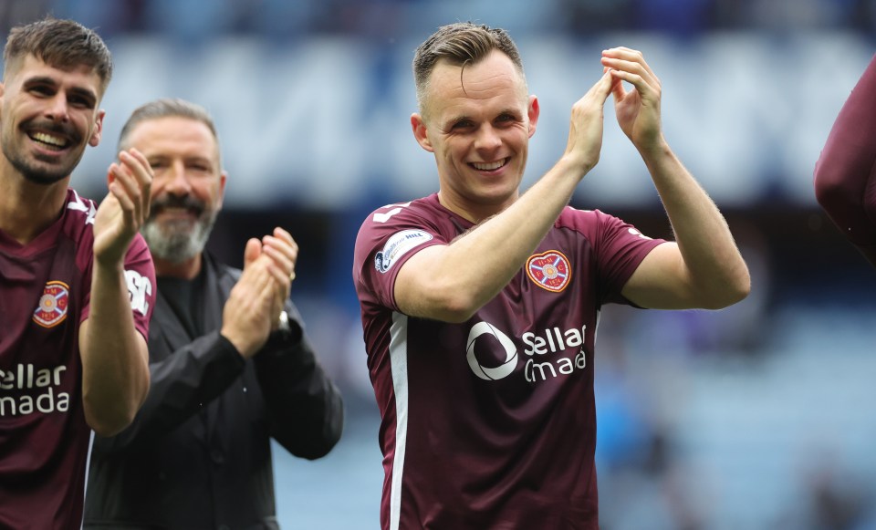 Lawrence Shankland of Heart of Midlothian celebrates with teammates.