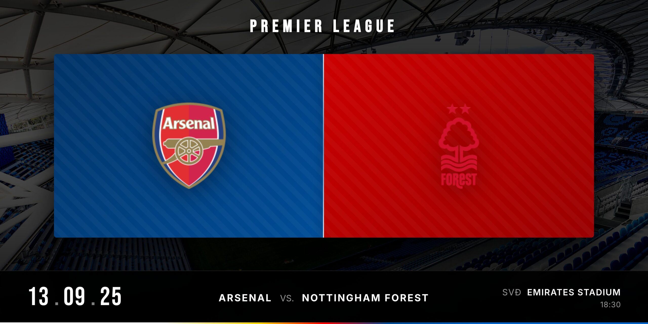 Banner ngày thi đấu Arsenal vs Nottingham Forest – Premier League 2025/26
