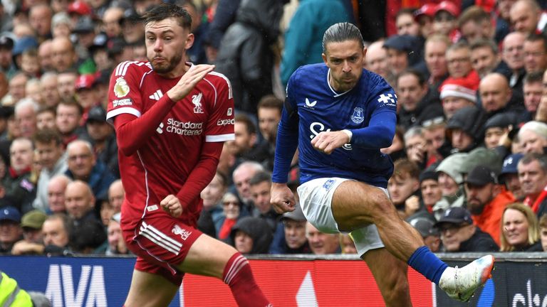 Jack Grealish fires a pass beyond Conor Bradley